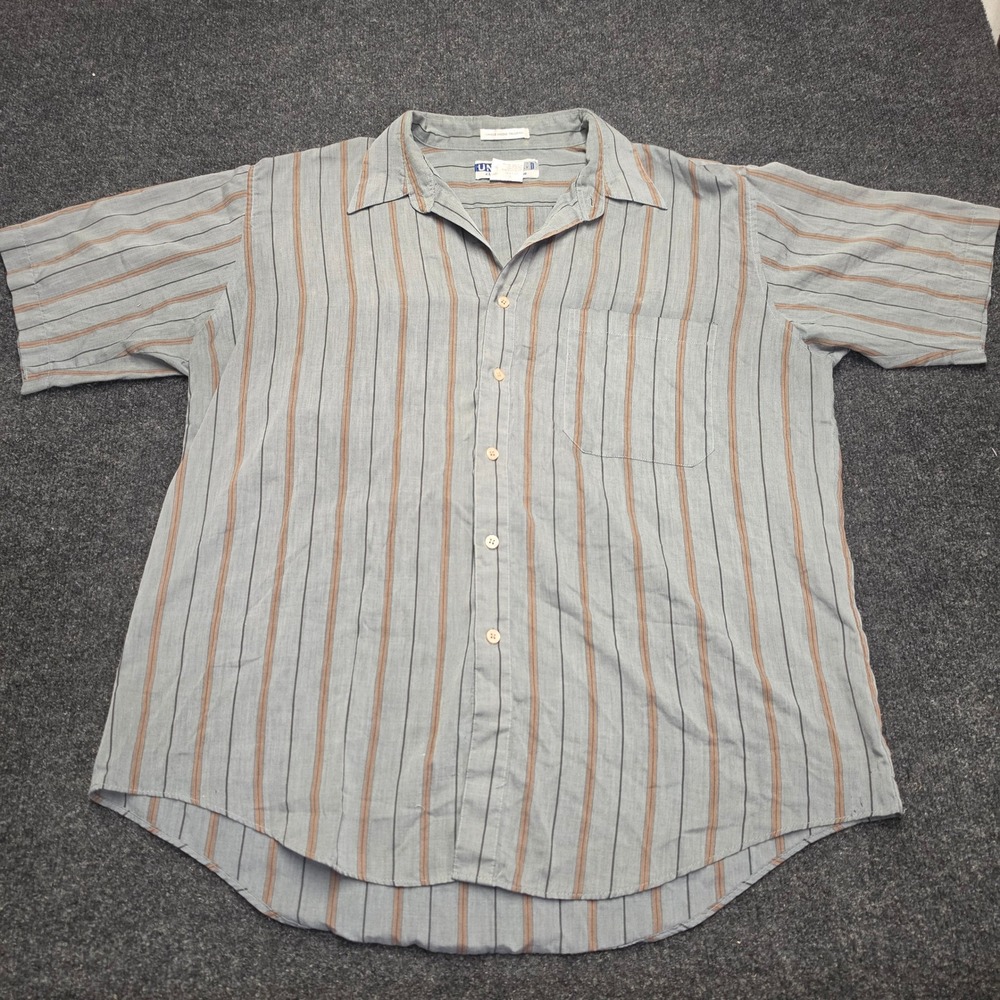 Vintage United Mens XL Striped Short Sleeve Button Down Shirt Blue Brown XL